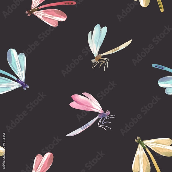 Fototapeta Watercolor dragonfly vector pattern