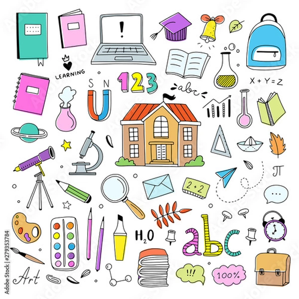 Fototapeta Hand drawn colored school icons on white background. Vector sketch back to school learning illustration set