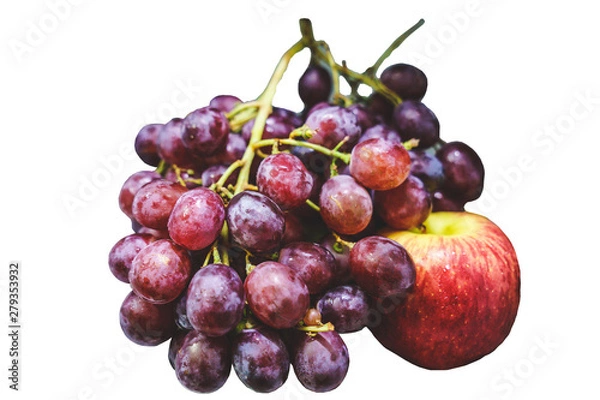 Obraz Ripe red grape with apple, closeup, isolated on white background