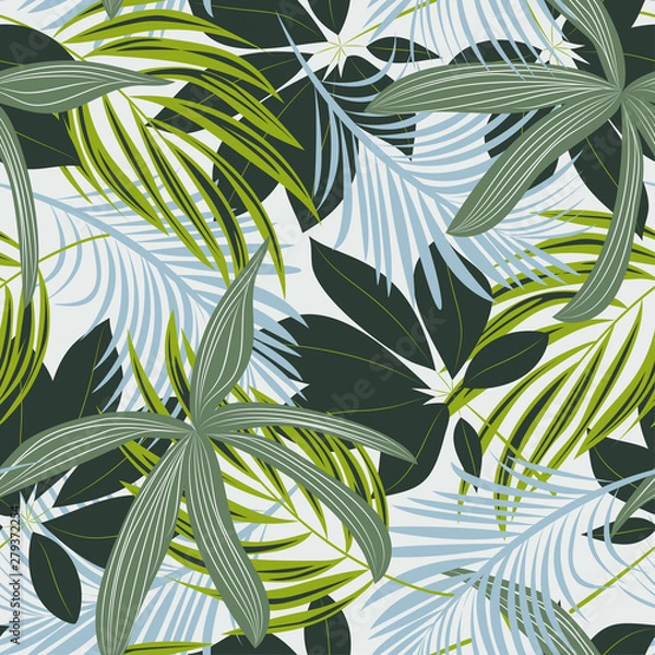 Fototapeta Trend abstract seamless pattern with colorful tropical leaves and plants on pastel background. Vector design. Jungle print. Floral background. Printing and textiles. Exotic tropics. Fresh design.