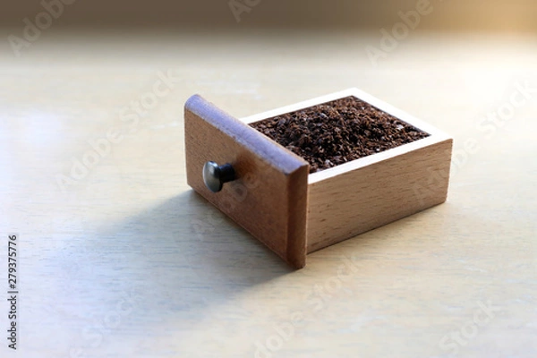 Fototapeta Coffee crushed in a square box, aroma, aromatic, background, bean, beans, beverage, black, bowl, break, breakfast, brown, cafe, caffeine, closeup, coffee, copy, cup, dark, desk, drink, espresso, food,