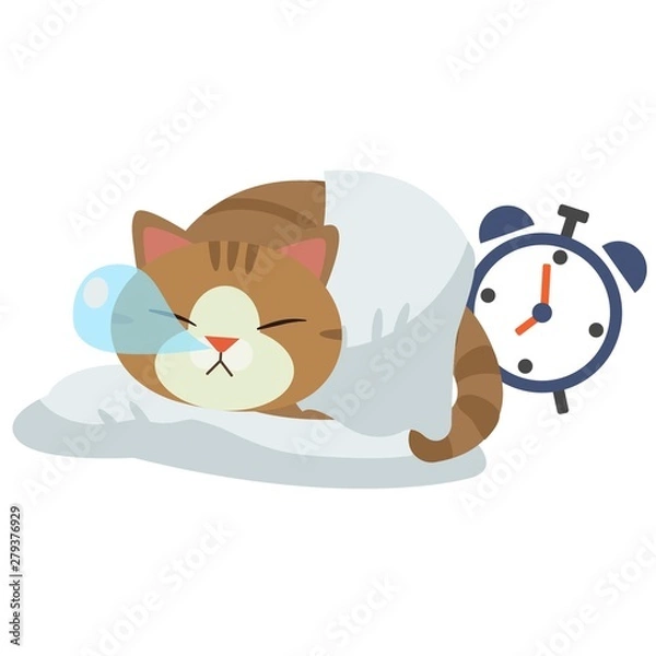 Obraz The character of cat sleeping on the white background. The cat sleeping and it have snot balloon form the nose. behide of the cat have clock.hope it have a sweet dream.a cute cat in flat vector style