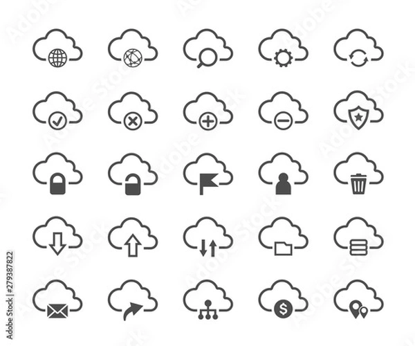 Obraz Computer cloud data digital technology Network service sharing line icon set. Isolated icon collection on white background.
