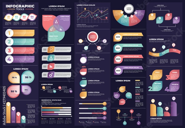 Obraz Infographic Tools Template set with dark background. Colorful Infographic templates. Infographic Bundle
