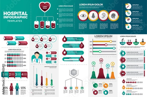 Obraz Hospital Infographic Template set. Colorful Infographic templates. Health Infographic Bundle