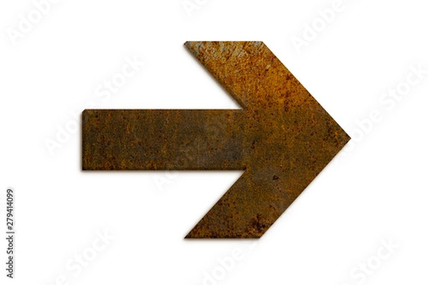 Fototapeta Arrow sign directional symbol made of 3D rusty metal grungy texture and isolated on seamless white background.