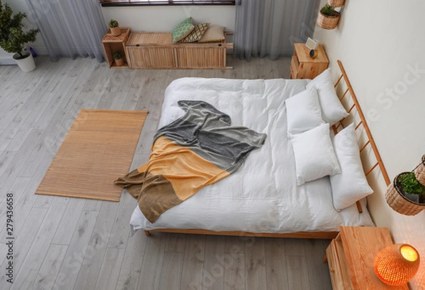 Fototapeta Room interior with comfortable bed, view through CCTV camera