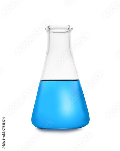 Fototapeta Conical flask with color liquid isolated on white. Chemistry glassware