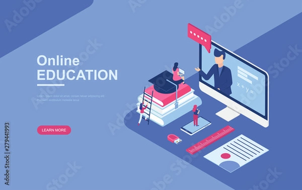 Fototapeta Online Education, Online training courses, e-learning, university studies. Flat isometric style Vector illustration.