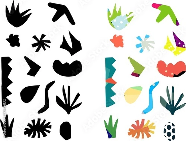 Obraz Pieces of cut paper of different shapes in two versions black and color is perfect for self-compilation of creative modern collage. Vector editable illustration