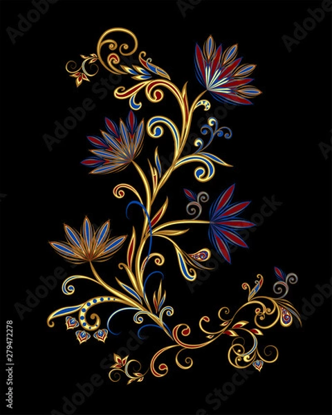 Fototapeta Bouquet of fantastic flowers. Background in ethnic traditional style. Abstract vintage pattern with decorative flowers, leaves and Paisley pattern in Oriental style.