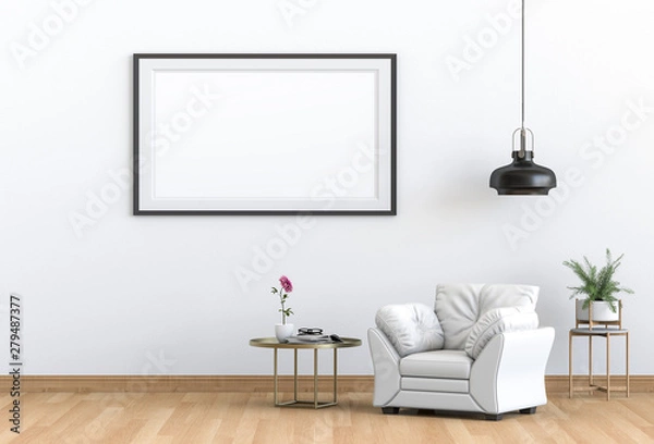 Fototapeta mock up poster frame in interior living room and sofa, 3D render