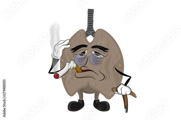 Fototapeta  Cartoon character, smoked lung with deep wrinkles and in glasses, smoking a cigarette leaning on a cane.