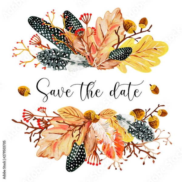 Fototapeta Invitation card with hand-drawn yellow autumn oak leaves, acorns, berries, spotted feathers