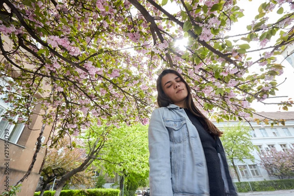 Fototapeta Young smiling woman posing on the background of blooming sakura