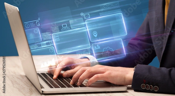 Fototapeta Hand typing on laptop with online accounting system concept