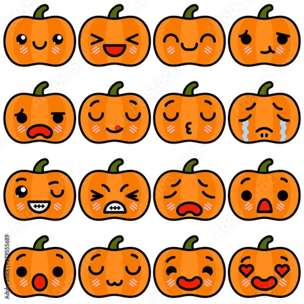 Fototapeta Set of emoji Halloween Pumpkin icons with different emotions Vector illustration