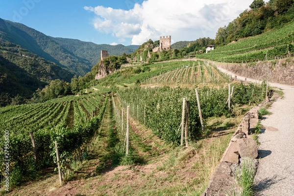 Fototapeta view of the val di Cembra, the castel of duren in val di cembra, a secret of dolomites. italy