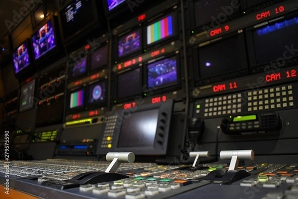 Fototapeta Broadcast equipment in outside broadcasting van.