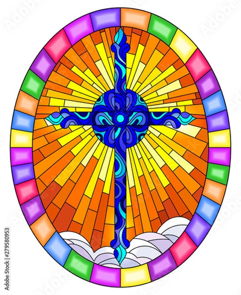 Fototapeta Illustration in stained glass style with bright blue  cross on a background of orange sky and clouds, oval image in bright frame 