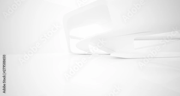 Fototapeta Abstract architectural white smooth interior of a minimalist house with large windows.. 3D illustration and rendering.