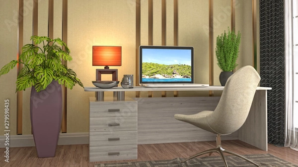 Fototapeta Computer on office table. 3d illustration