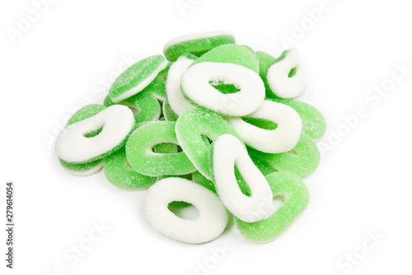 Fototapeta Green gummy candies rings isolated on white. Top view. Jelly  sweets.