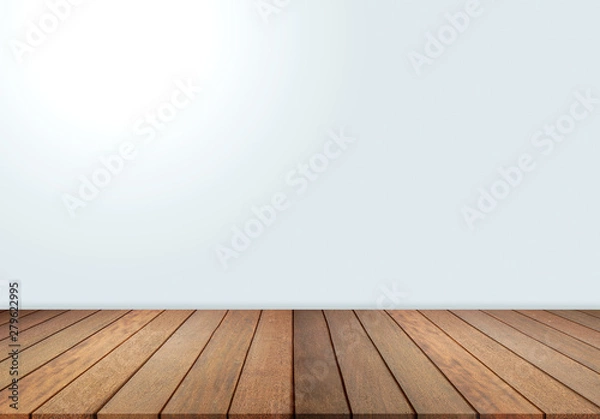 Fototapeta Wood floor and white wall, empty room for background. Big empty room in grange style with wooden floor, white wall