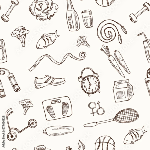 Fototapeta Healthy lifestyle hand drawn doodle seamless pattern. Vector illustration. Isolated elements. Symbol collection.