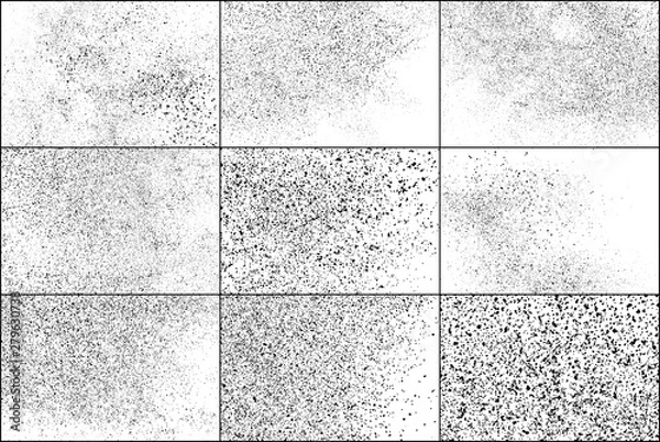 Fototapeta Set of Black Grainy Texture Isolated on White Background. Dust Overlay Textured. Dark Rough Noise Particles. Chaotic Explosion. Vector Design Elements, Illustration, EPS 10.