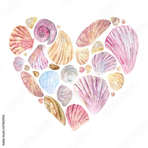 Obraz Heart shape postcard with watercolor hand drawn shells