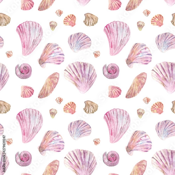 Fototapeta Watercolor seamless pattern with pink shells and mollusk on white background