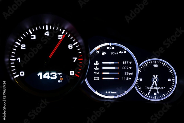 Obraz Modern light car mileage on black background
