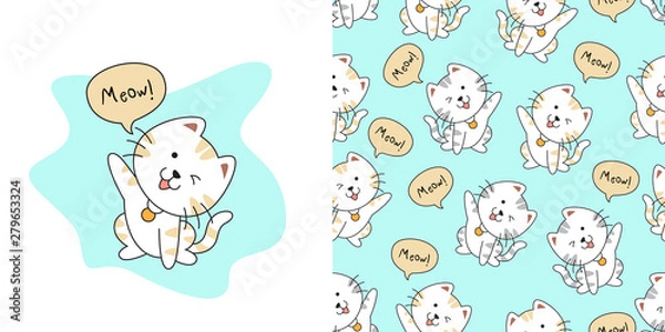 Fototapeta Hand drawn cute cat seamless pattern