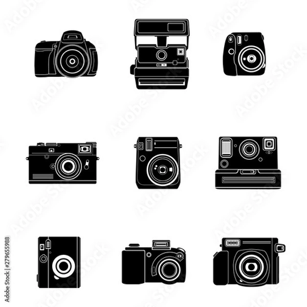 Fototapeta  Set of nine flat icons of different cameras in black. Isolated on a white background.