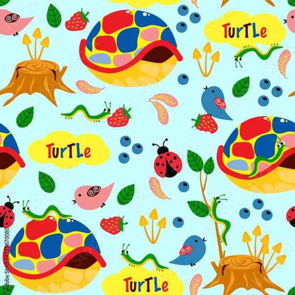 Obraz seamless pattern with colorful turtles and caterpillars - vector illustration, eps
