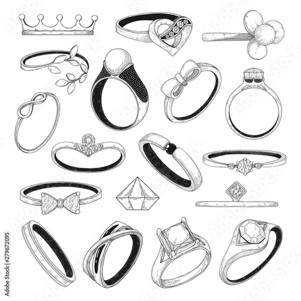 Fototapeta Hand drawn set of different jewelry rings. Vector illustration