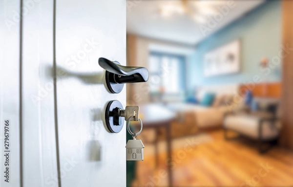 Fototapeta Open door with keys, key in keyhole
