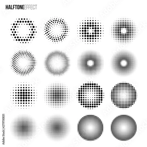 Fototapeta Vector halftone effect set. Different gradient rings and circles in halftone effect.