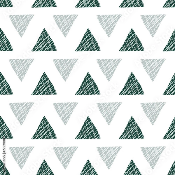Fototapeta Vector seamless pattern background features forest green and gray hand-drawn triangles with texture on white. Suitable for packaging, graphic, backdrops, wrapping paper, home decor, wallpaper.
