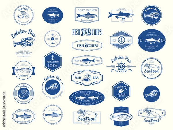 Fototapeta Vector Illustration with logo for fish restaurant or fish market. Logo set for fish restaurant or bar with a picture of the fish. Blue sings on white background.