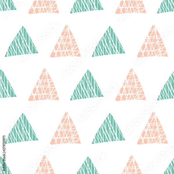 Fototapeta Vector geometric seamless pattern with rose and spearmint triangles on white background. Hand-drawn textured shapes print is a modern design for packaging, graphic, home decor, cards, wallpaper.