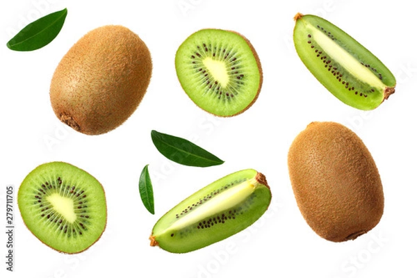 Fototapeta kiwi fruit with slices and green leaves isolated on a white background. top view