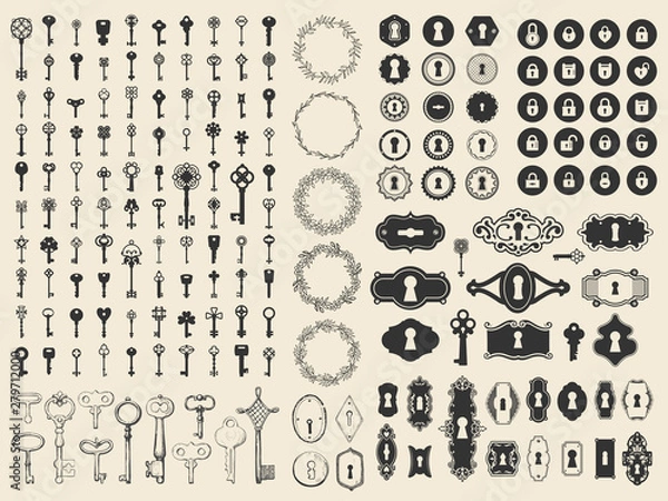 Fototapeta Vector illustration with design elements for decoration. Big silhouettes and icon set of keys, locks, old keyhole on black background. Vintage style.