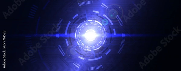 Fototapeta Digital abstract lens flare space, science fiction time and space travel cosmic background. Round futuristic energy reactor, technological light in the dark. Technology background, hi-tech concept. 