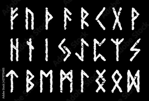 Obraz Scandinavian ancient runic alphabet set white color isolated on black background - Vector letter symbols.