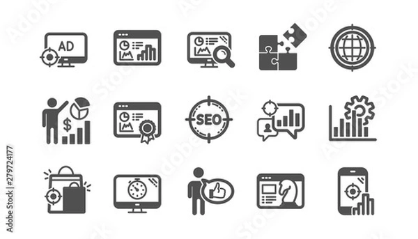 Fototapeta Seo icons. Increase sales, Business strategy and Search optimization. Analytics classic icon set. Quality set. Vector