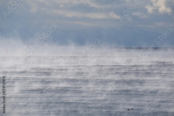Fototapeta 毛嵐が発生した冬の朝の海