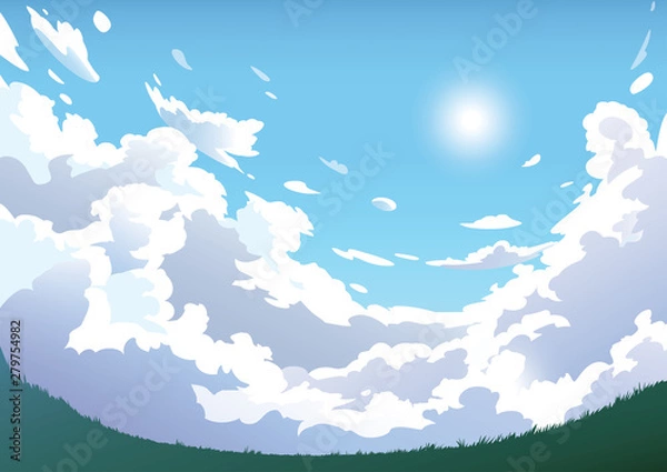 Fototapeta Chmury niebo krajobraz wektor. Samolot na niebie. kreskówka styl anime. Projekt tła