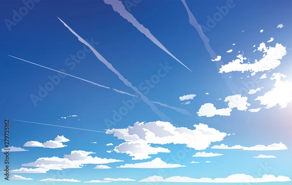 Fototapeta Vector landscape sky clouds. Plane in the sky. cartoon anime style. Background design